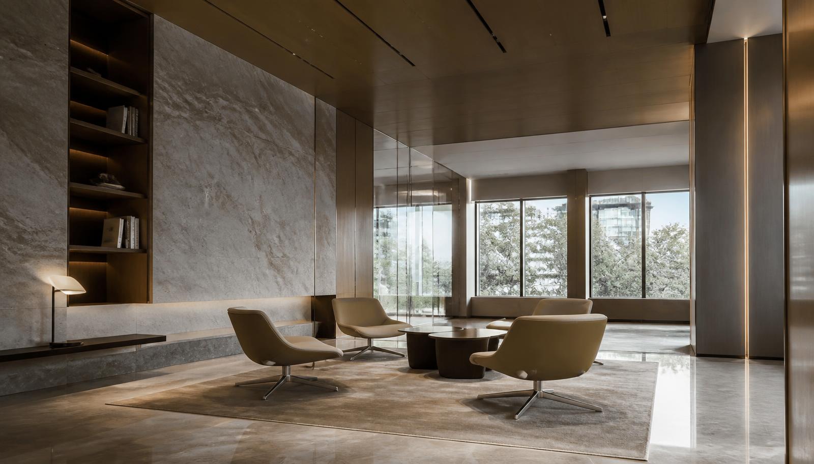 Lounge executivo em edifício corporativo premium com materiais nobres e luz natural