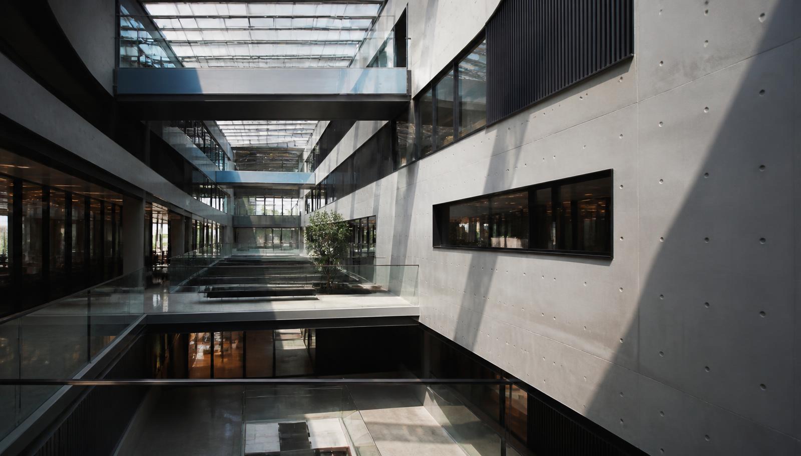Arquitetura corporativa contemporânea com linhas geométricas e luz natural