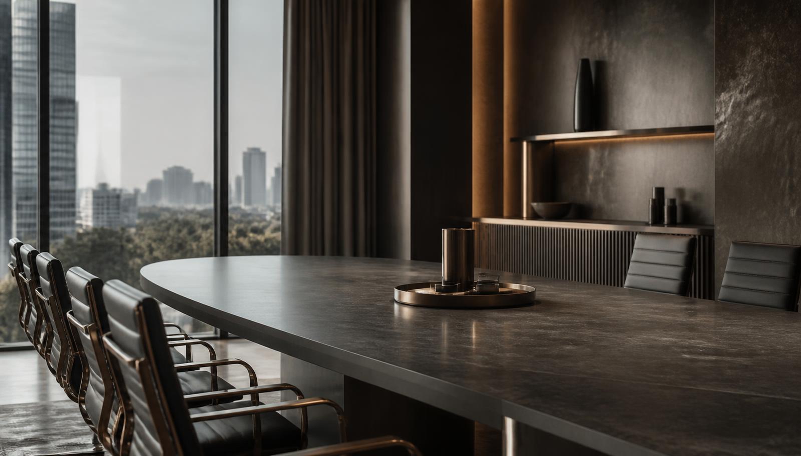 Sala de reunião executiva com mesa de pedra e acabamentos em bronze, sem pessoas