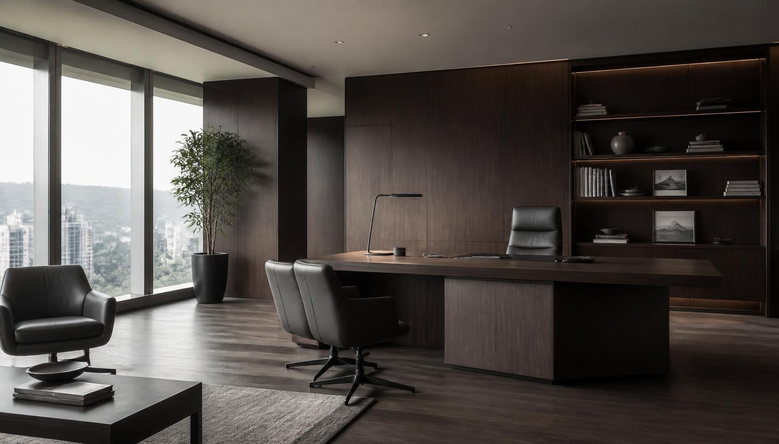 Escritório executivo contemporâneo em tons sóbrios com luz natural