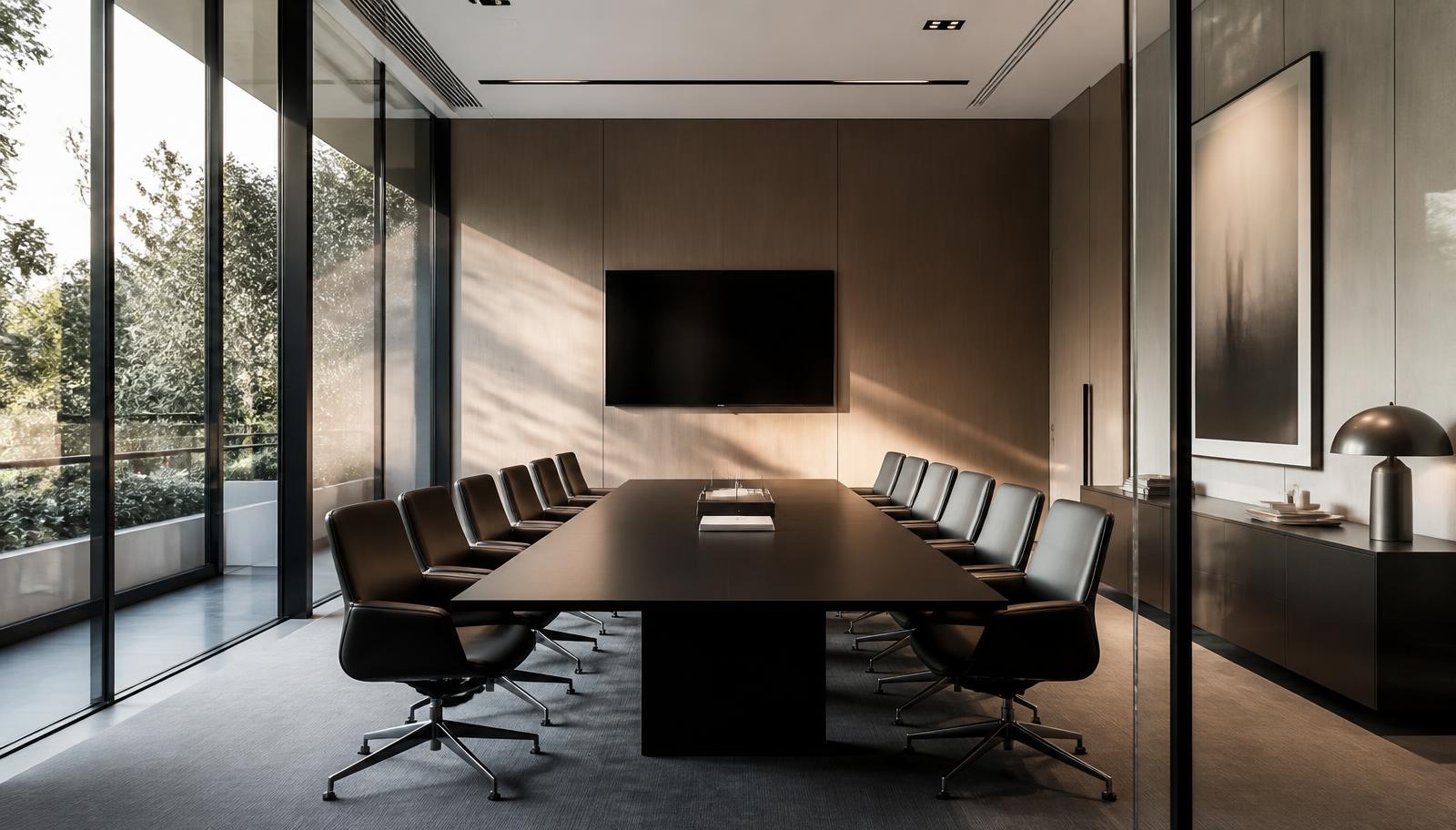 Sala de reunião corporativa contemporânea vazia com luz natural